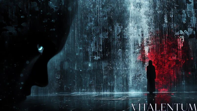 Cyberpunk rain corridor with cloaked silhouette and watcher.