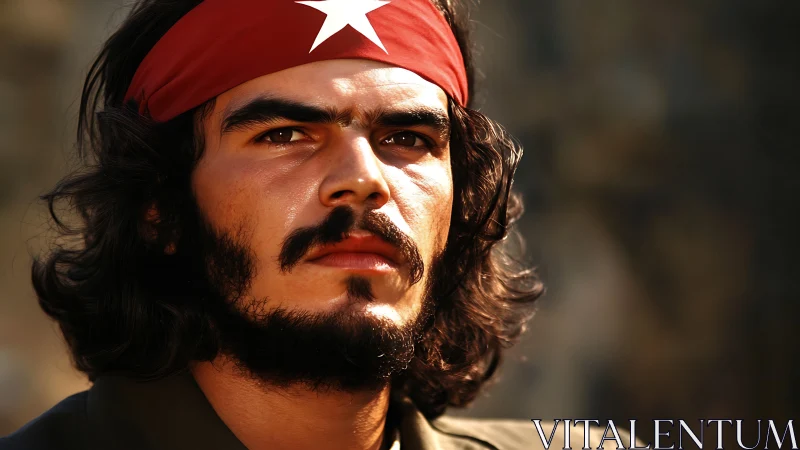 Portrait shows man with red star headband in soft sunlight