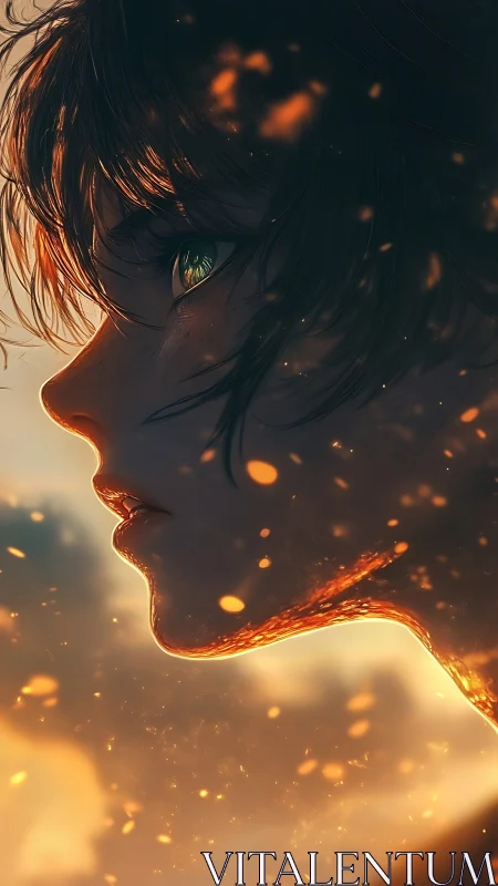 Side profile of stylized face with glowing ember light.