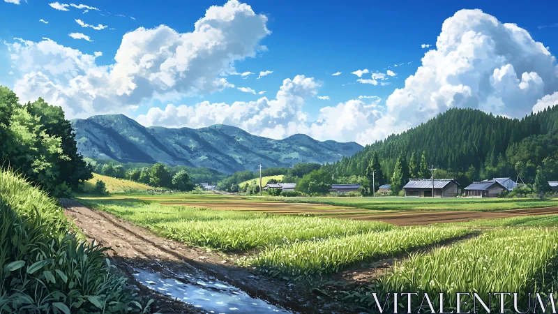 Rural mountain fields under bright summer sky panorama.