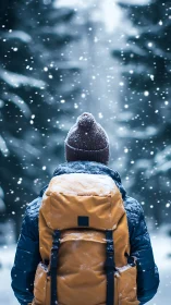 Backpack dreamer pausing in a whispering winter snowfall.