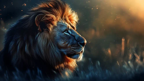 Cinematic profile study of a lion in rim-lit golden dusk.