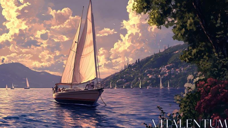 Sunlit sailboat cuts still bay below glowing coastal hills.