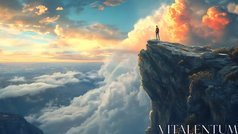 Solitary observer stands on tectonic cliff above turbulent cloud sea