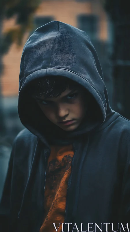 Low key portrait isolates hooded boy with intense downward gaze