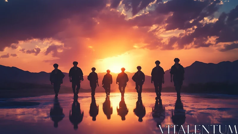 Silhouetted figures walk across reflective water at sunset