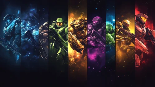 Spectrum-armored spartans stride through neon stellar fire