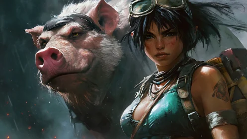 Post-apocalyptic scout and cyber-boar rendered in gritty detail