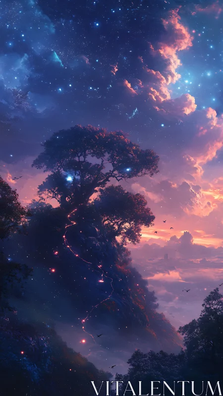 Starlit sky path winding toward a dreaming twilight tree.