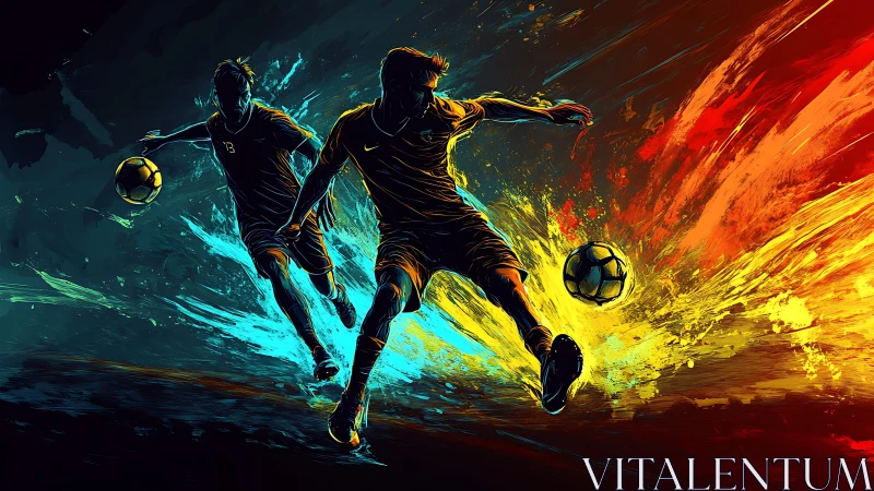 Dynamic digital soccer duel in explosive color motion.