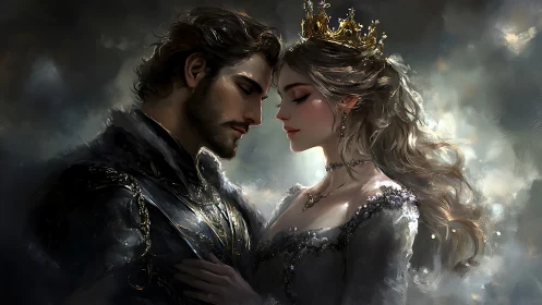 Regal Couple Embracing in Golden Ethereal Light