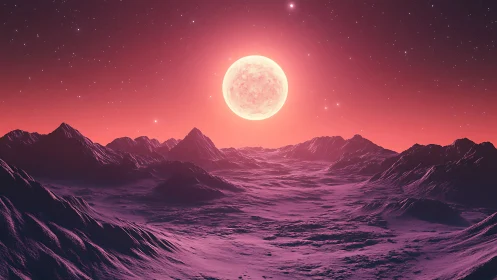 Pink alien moon rising over frozen mountain landscape at dusk