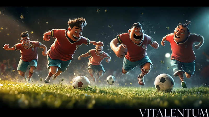 Cartoon footballers sprint under stadium lights in joyful play.