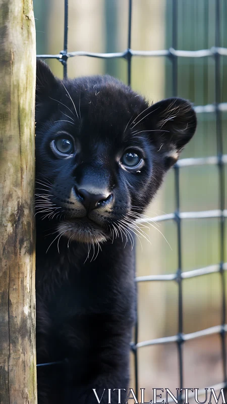 Black panther cub peers past timber post in soft daylight.