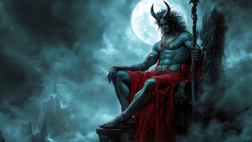 Horned demon lord on rocky throne under full moon.