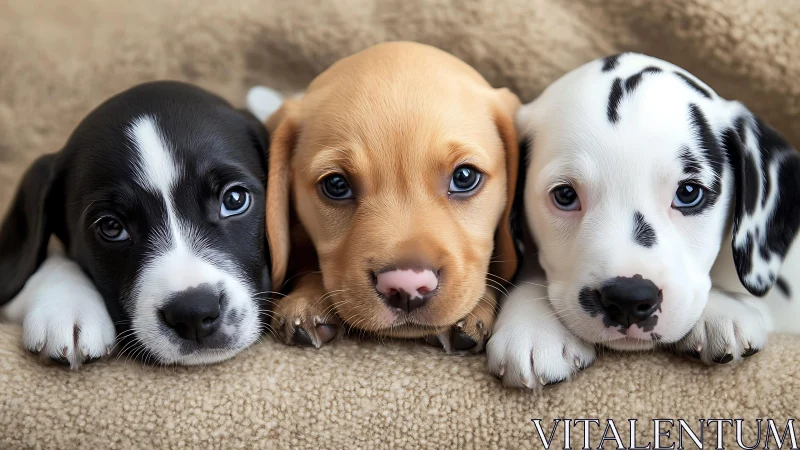 Three short-haired puppies lie on textured beige fabric surface