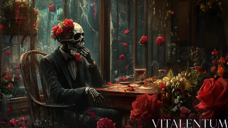 Elegantly dressed skeleton contemplates amid floating roses.