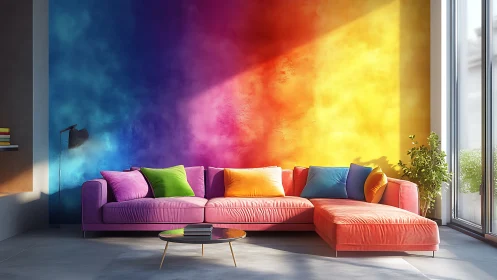 Colorful modern living room with gradient accent wall.