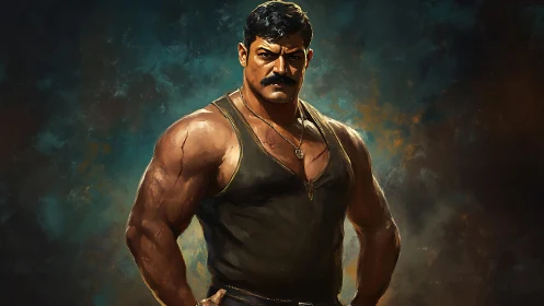 Muscular man in tank top stands against diffuse painted backdrop