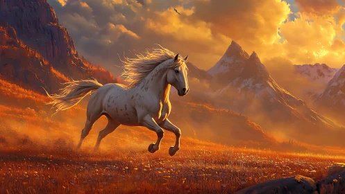Sunlit stallion galloping through blazing alpine valley.