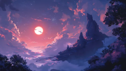 Fantasy cliff landscape under glowing pink sunset sky.