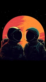 Star-kissed astronauts share quiet orbit beneath molten sun.