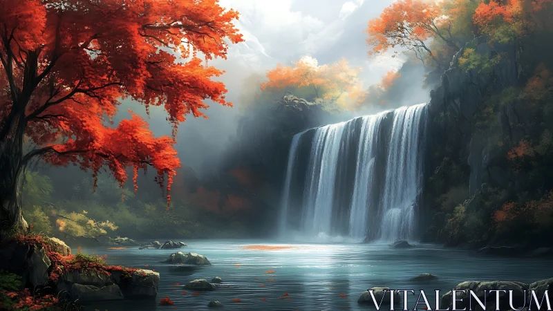 Gentle autumn waterfall pouring into a calm forest pool.