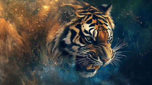 Tiger head emerges in mid-roar from swirling abstract mist
