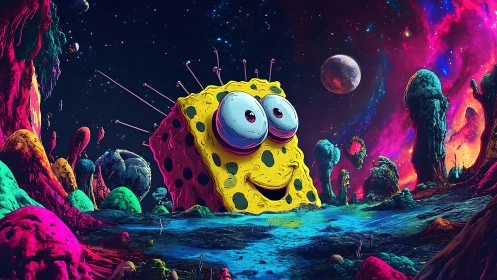 Cosmic sponge creature smiles across neon alien landscape.