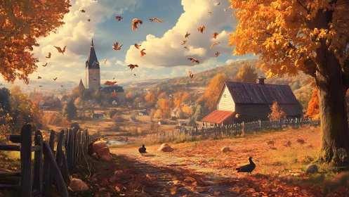 Amber leaves whirl above a storybook village in autumn glow.
