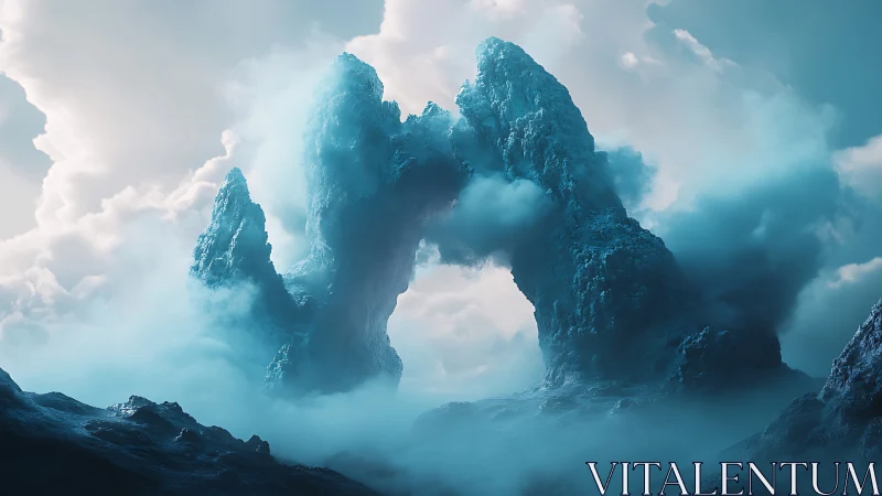 Colossal icy arch spires emerge through luminous polar mist.