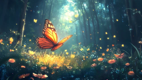 Enchanted Monarch Butterfly in Magical Forest at Sunrise, Digital Art.