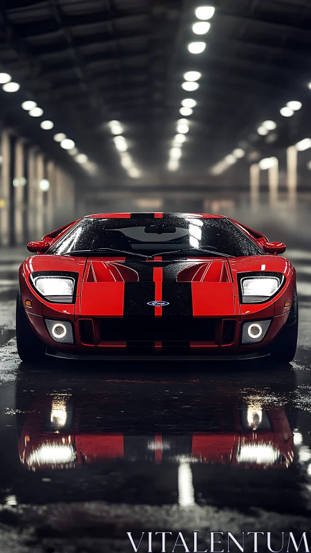 Front-view red Ford GT under wet warehouse lighting with reflections