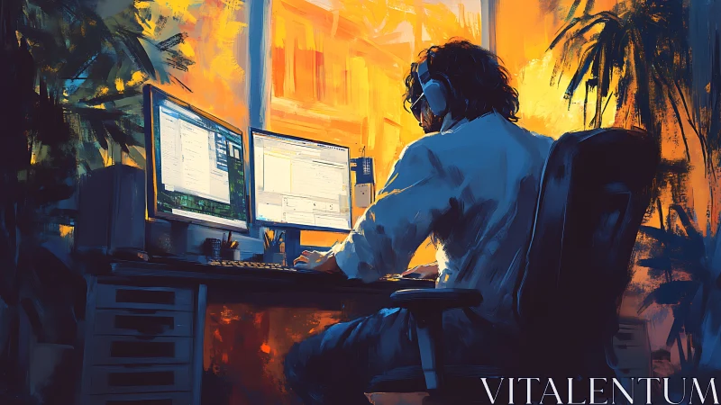 Sunset code alchemist bends glowing screens to quiet focus