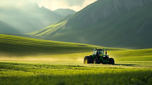 Sunlit green tractor traversing rolling mountain fields.