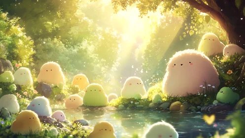Soft round forest creatures gathered by sunlit stream.