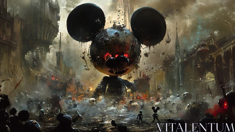 Gigantic mouse-headed robot dominates ruined smoky city