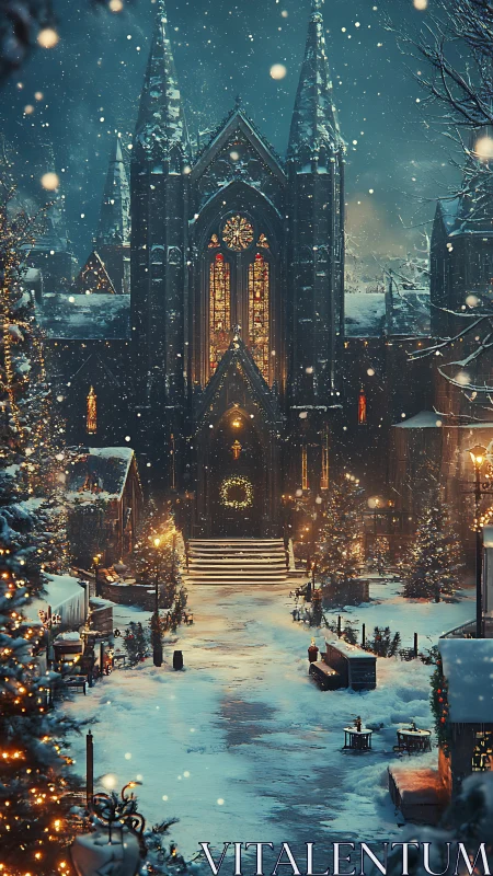 Snowlit gothic church glows warmly in a peaceful winter square