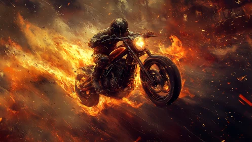 Motorcycle rider in flame-trail sprint through infernal roadway