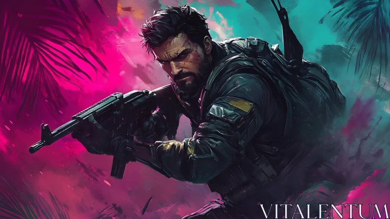 Neon jungle commando poised in vivid tactical stance.