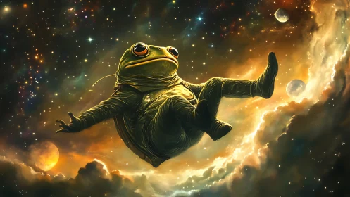 Cosmic frog astronaut drifting through glowing nebulae.