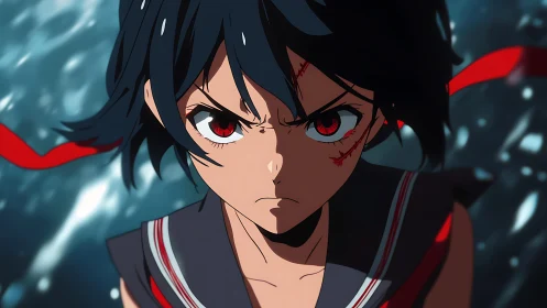 Intense anime heroine close-up with battle scars and red accents