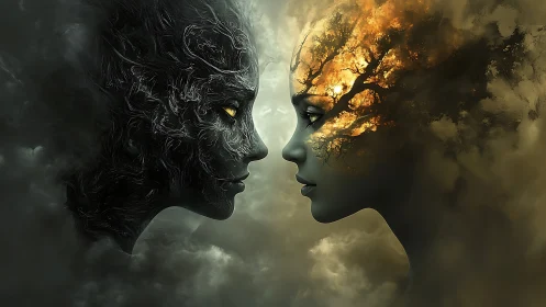Dual elemental female profiles render textured contrast of fire and void