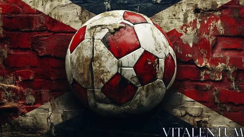Weathered red and white soccer ball on grunge brick wall.