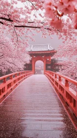 Red bridge to traditional gate under dense cherry blossoms.