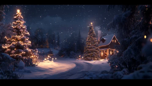 Snow-laden forest cottage uses warm bokeh lighting and deep contrast