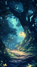 Nocturnal Forest Path with Bioluminescent Canopy and Hanging Lantern