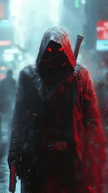 Hooded cybernetic enforcer advances through neon rain with emissive visor