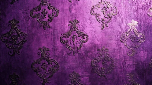 Purple damask pattern on textured decorative surface.