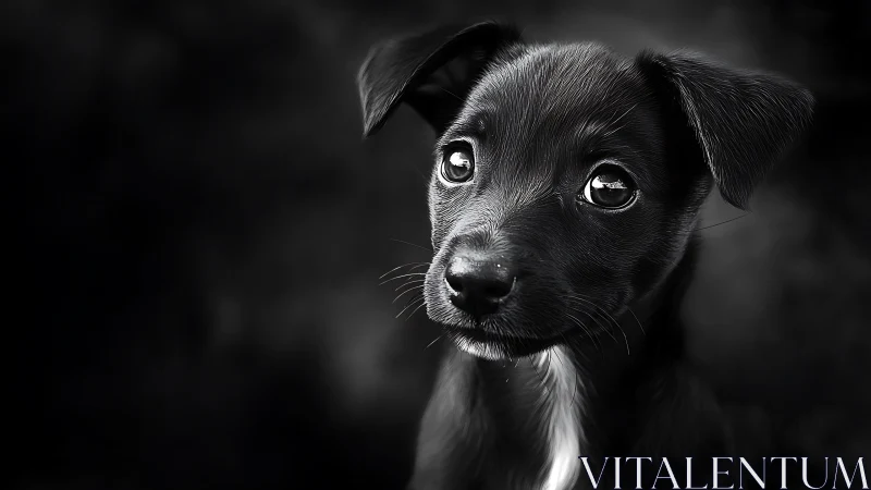 Expressive black puppy portrait in dramatic monochrome light.